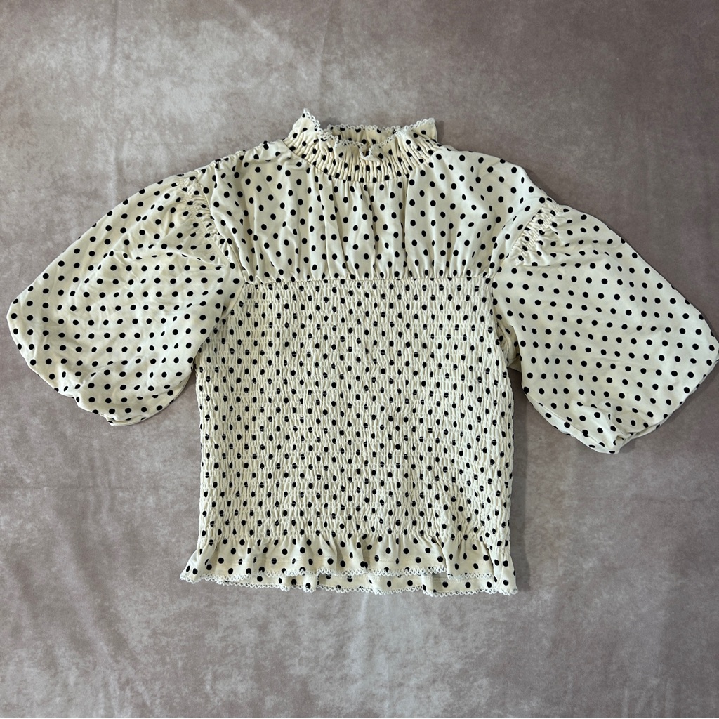 Nwot Sandro Ivory Cream Black Polka Dot Blouse High Neck Puff Sleeve Cropped Xs